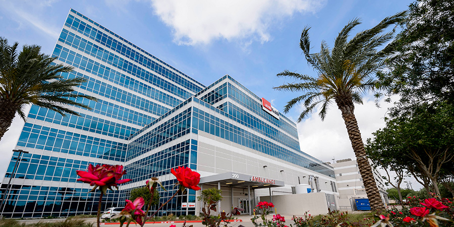 exterior image of building. palm trees and roses are in the foreground, a hospital with glass windows is in the background