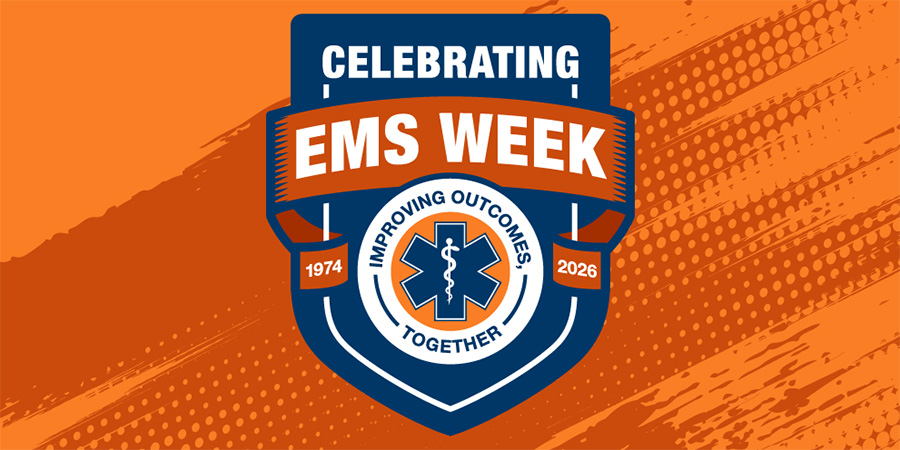 Graphic shield with the words: Celebrating EMS Week (1974-2016), Improving Outcomes Together.
