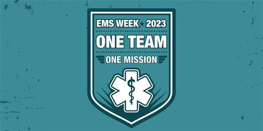 A graphic design of a badge reads "EMS Week 2023: One Team, One Mission"