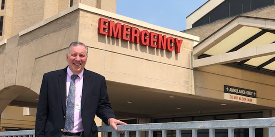 Dr. Jehle stands outside the UTMB Health Galveston Emergency Department.