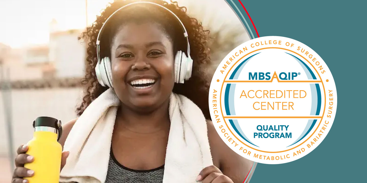 image of black woman holding yellow water bottle wearing headphones ad active wear with a towel around her neck. seal for the american college of surgeons MBSAQIP Accredited center is included