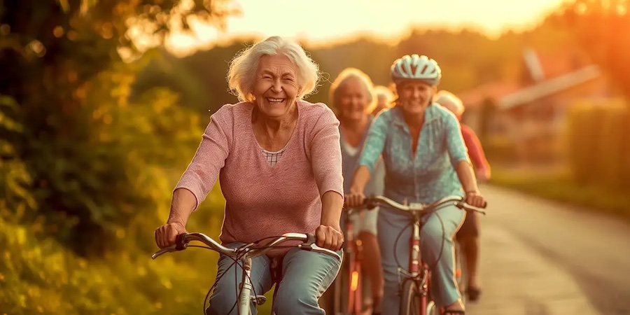 Group of older adults riding bicycles together on a paved path outdoors
