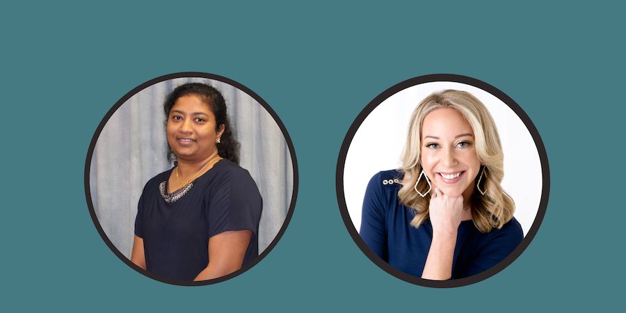 Two circular headshots displayed side by side on a teal background, each showing an individual in a dark top against a neutral backdrop