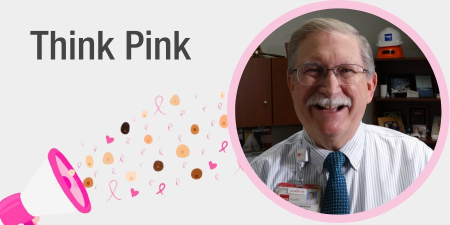 Graphic featuring the words “Think Pink,” pink ribbon illustrations and a megaphone motif. A circular portrait shows a person wearing glasses, a collared shirt and tie with an ID badge, set against a light background.