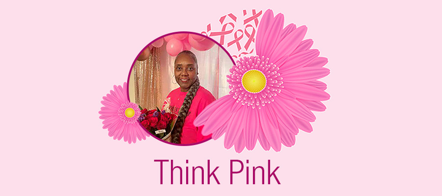 Pink graphic with flowers and the words “Think Pink,” featuring a circular photo of a person holding a bouquet of flowers against a soft pink background