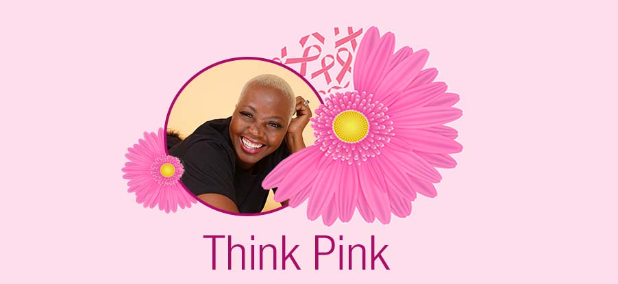 A smiling woman in a circular frame surrounded by bright pink flowers and breast cancer awareness ribbons in a light pink backgound with the words "Think Pink"