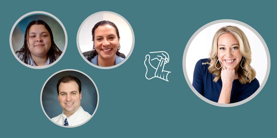 Graphic showing four circular headshots arranged on a teal background, with a simple line illustration icon of a bandaged ankle in the center