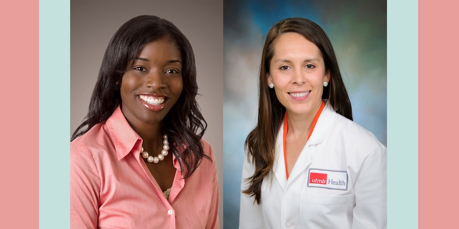Side-by-side headshots of UTMB Health physicians Dr. Angelica Robinson and Dr. Crystal Alvarez, pictured in professional portraits representing expertise in breast health and women’s care