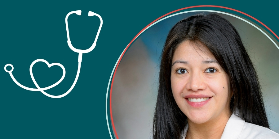 graphic image with white stethoscope icon that has it's cord shaped into a heart. a headshot of a female physician with long, black hair is included in a round frame