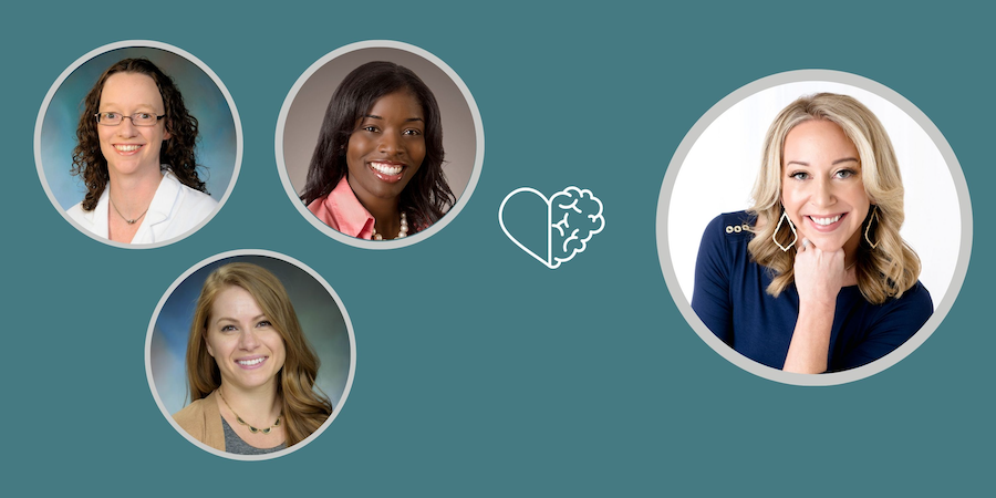 headshots of four women in round frames with gray outlines positioned on a teal background. an icon of a heart with half a brain scribbled on it is included too