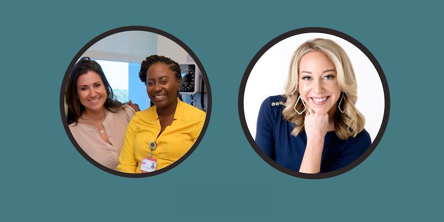 dark teal banner with 2 circular photo frames featuring headshots of 3 women. on the left is caucasian woman with brunette hair wearing a neutral shirt, woman in middle is black with a yellow shirt, woman on right is caucasian wearing a dark blue dress.