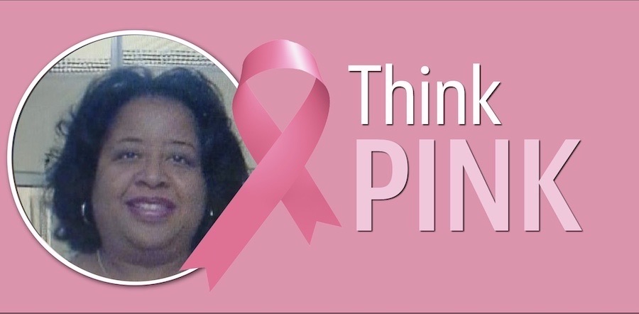 A circle frame with headshot of UTMB Breast Health patient Matilda Pettis next to the words "Think Pink" on a pink background