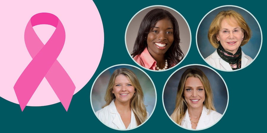 Graphic featuring a pink breast cancer awareness ribbon alongside four circular headshot portraits of health care professionals on a teal background, representing a coordinated, multidisciplinary breast cancer care team