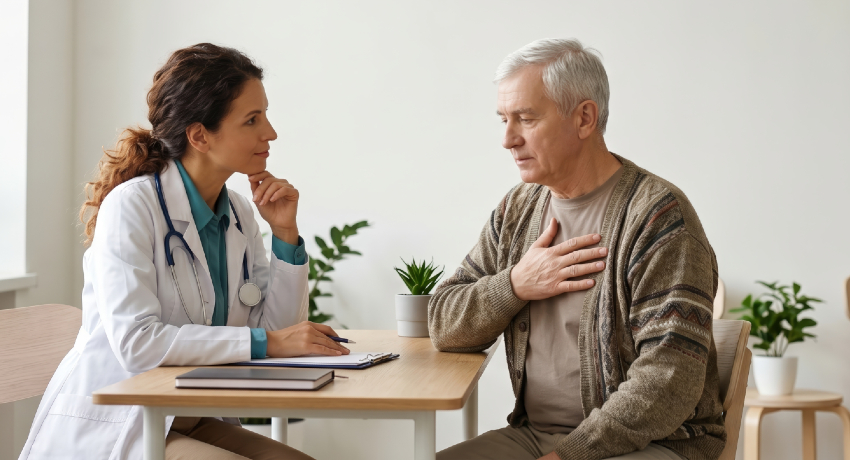 A female health care provider in a white coat sits across from an older man at a table during an office visit. The man rests a hand on their chest while the provider takes notes on a clipboard.