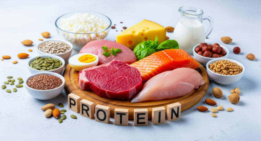Assortment of protein-rich foods on a wooden board, including beef, chicken, salmon, deli meat, egg, cheese, cottage cheese, milk, nuts, seeds, and legumes. Wooden blocks in front spell “PROTEIN.”