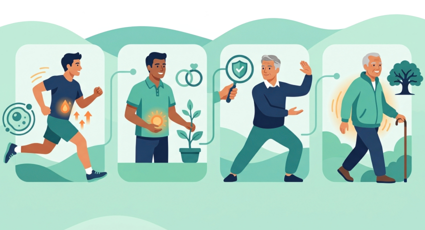 Illustration shows people at different stages of life, with symbols representing physical activity, nutrition, preventive screening, and healthy aging. The figures appear in four connected panels with health-related icons and a tree in the background.
