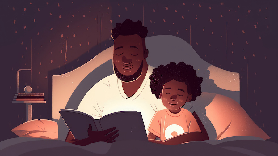 Illustration of an adult sitting in bed reading a book with a child during a bedtime routine in a softly lit bedroom