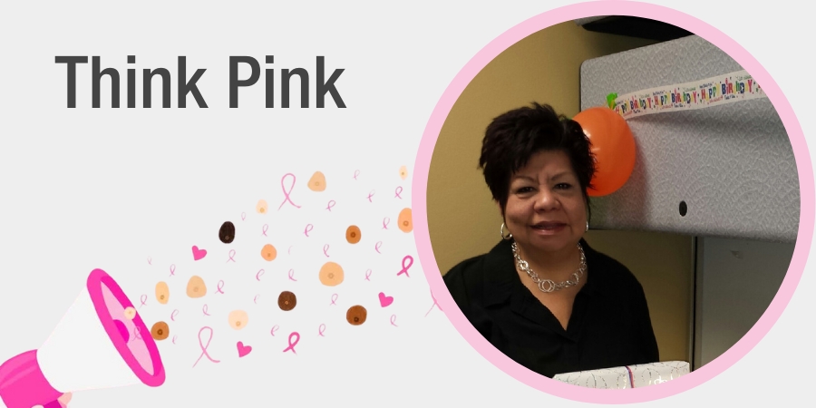 A “Think Pink” graphic featuring a portrait of a UTMB staff member alongside illustrated breast cancer awareness symbols