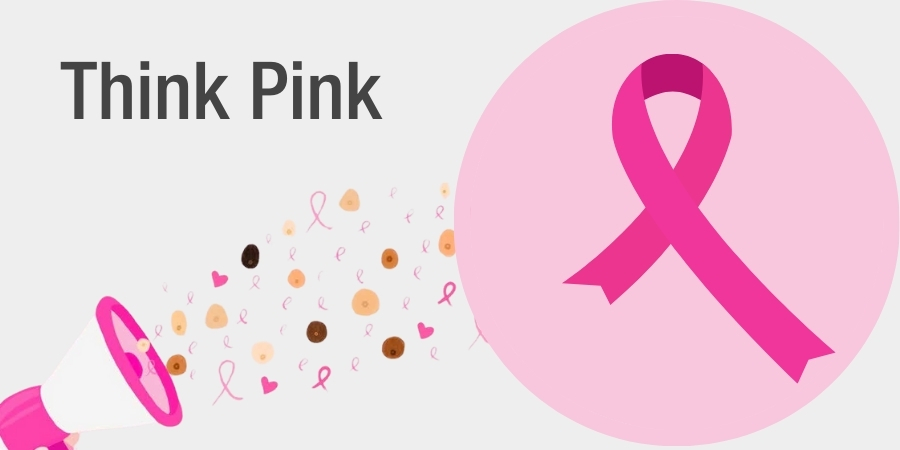 A “Think Pink” graphic featuring a pink breast cancer awareness ribbon and a megaphone on a light background