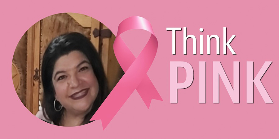 A pink "think pink" banner image that features a bright pink breast cancer awareness ribbon and a round photo frame with a headshot of dark-haired, smiling woman wearing hoop earrings