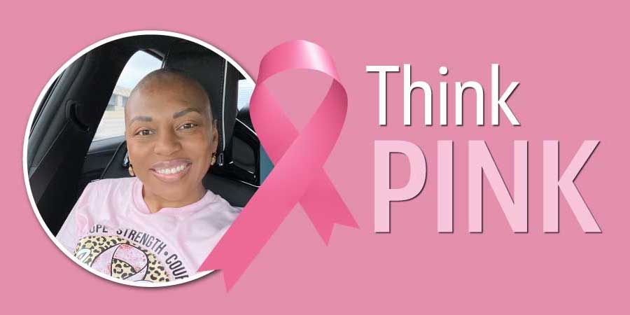 Pink "think pink" banner image that features a bright pink breast cancer awareness ribbon and a round photo frame with a headshot smiling woman wearing a light pink breast cancer shirt