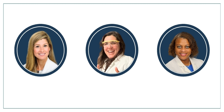 Three circular headshots of women in professional attire