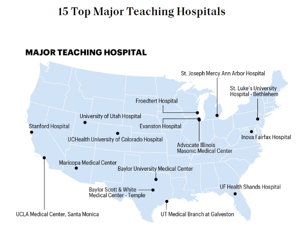 map of 15 teaching hospitals