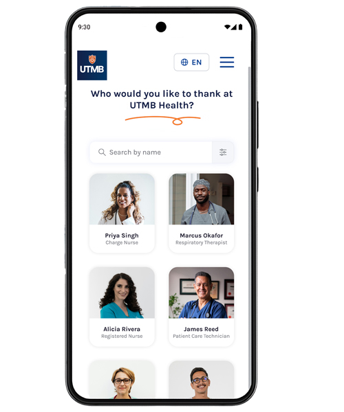 Pantalla móvil para agradecer a un cuidador de UTMB Health, con búsqueda y directorio del personal con fotos y cargos.