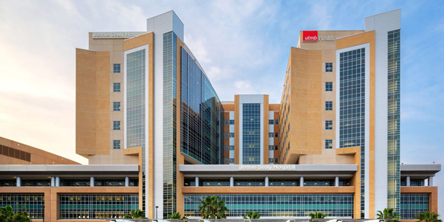 Exterior view of Jennie Sealy Hospital in Galveston
