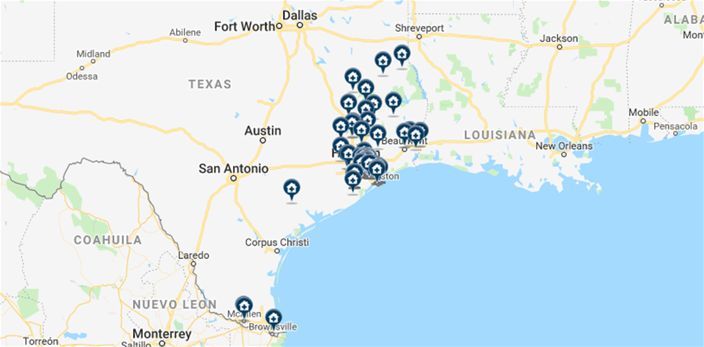 Map of Texas with UTMB Health clinics marked