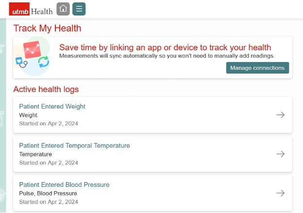Screenshot of Track my Health screen