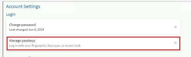 Screenshot of Manage passkeys button