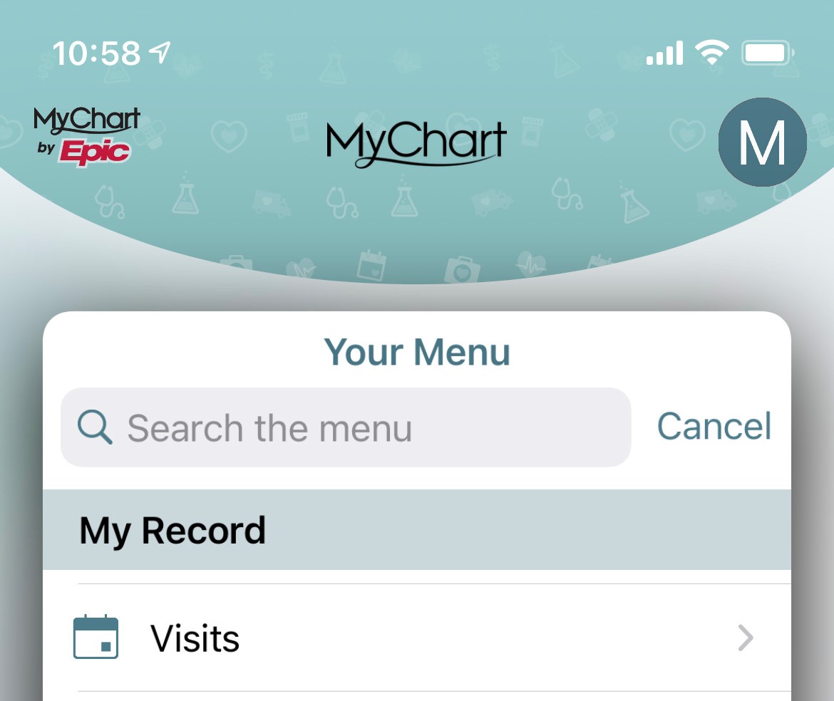mychart navigation bar screenshot