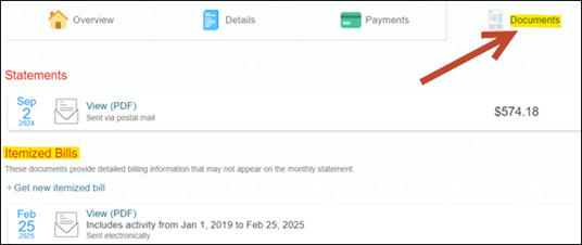 Screenshot of documents tab