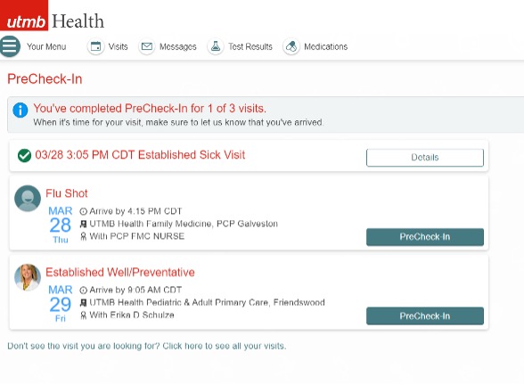 Screenshot of Mychart PreCheck-In