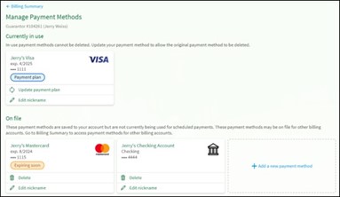 Screenshot of manage payment methods screen