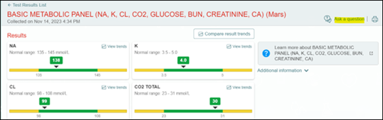 Screenshot of Mychart test results activity