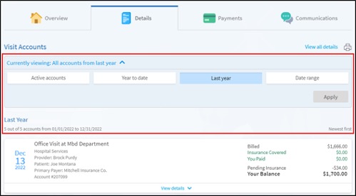 Screenshot in Mychart showing the date-based filter