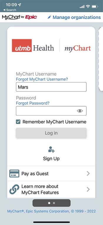 screenshot of mychart login page