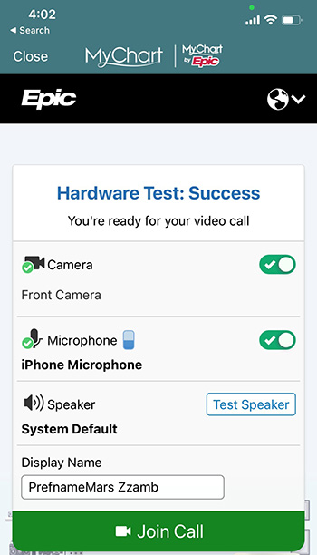 Screenshot of hardware test screen