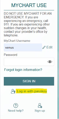 Screenshot of Mychart passkey link