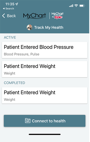 Log in MyChart, access the “Track My Health” feature and select the “Connect to Health” button