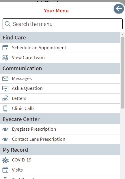 MyChart navigation menu