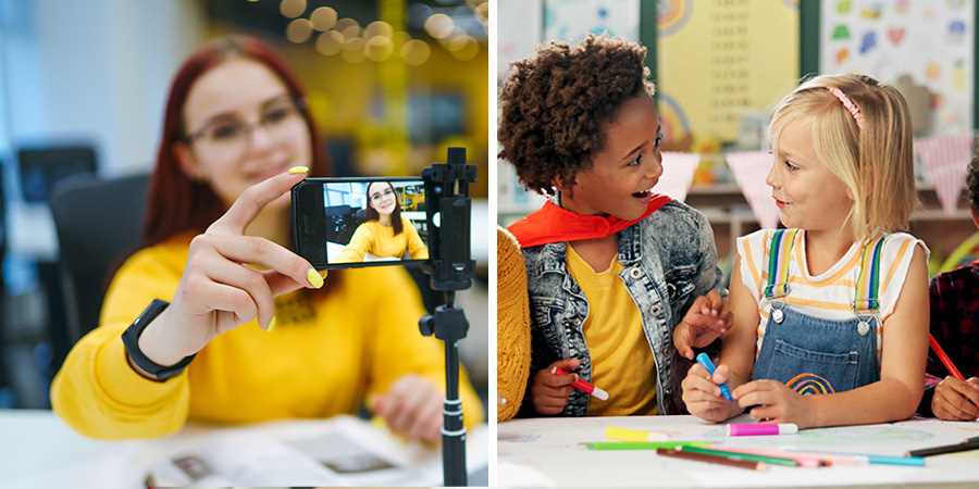 A collage of a teen girl recording a selfie video with her phone and young boy and girl creating a poster with markers.