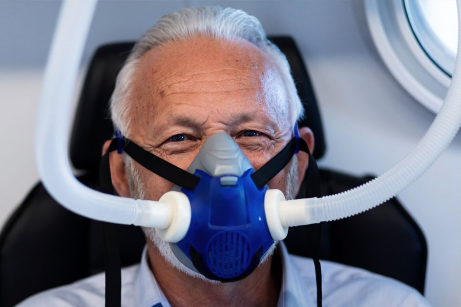 Patient during hyperbaric oxygen treatment at clinic