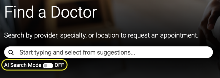Screenshot of Find a Doctor online search bar and AI Search Mode feature 