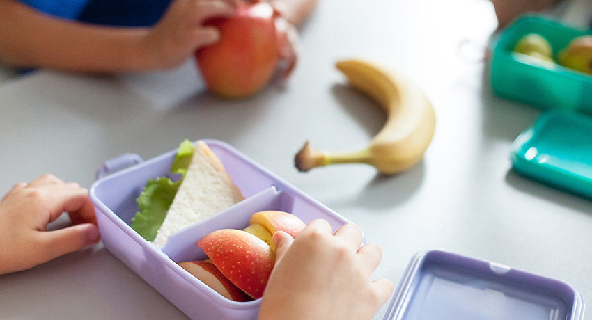 Open lunch container with a sandwich and sliced apples on a table, with a banana nearby and hands reaching toward the food.