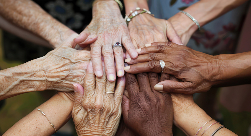Multiple hands of varying skin tones stacked together in a circle.
