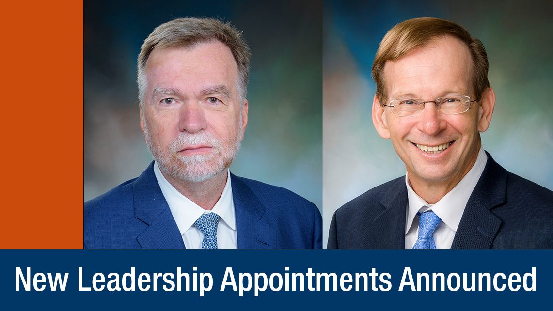 Side-by-side headshots of Dr. Antonio Bianco and Dr. Tom Blackwell against professional studio backgrounds, with a banner reading “New Leadership Appointments Announced,” highlighting new leadership roles at UTMB’s John Sealy School of Medicine