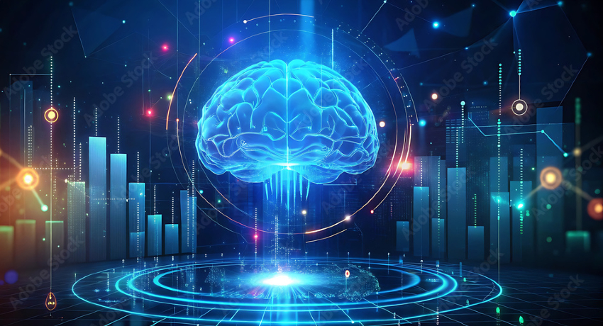 Glowing digital brain centered above a circular interface, surrounded by abstract bar charts and interconnected data lines on a dark background. Blue and neon accents highlight a futuristic data and technology visualization.